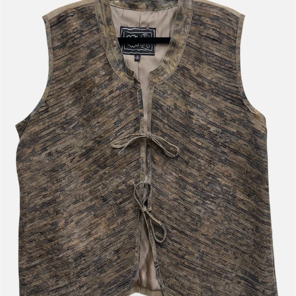 CHI by Carlos Falchi Leather Vest / Rustic Earth Toned Round Neck Vest Size 1X